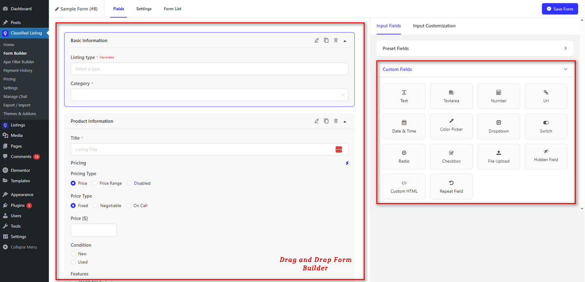 Classified Listing Drag and Drop Form Builder