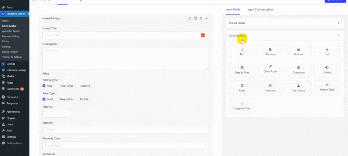Classified Listing Form Customization