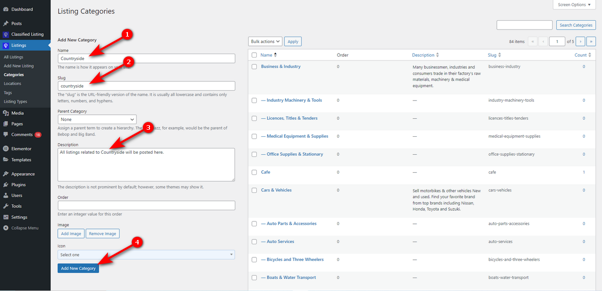 Create a listing category