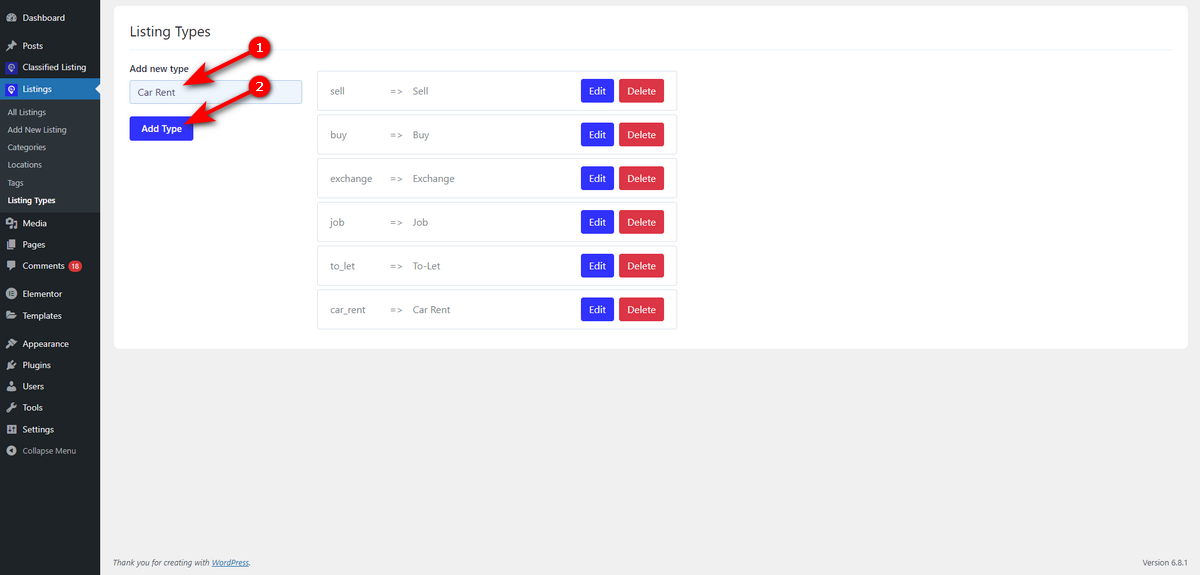 Create a listing type