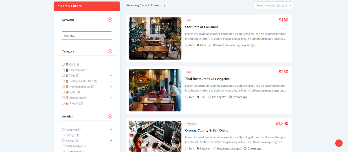 Screenshot of Search and Filters Classified Listing