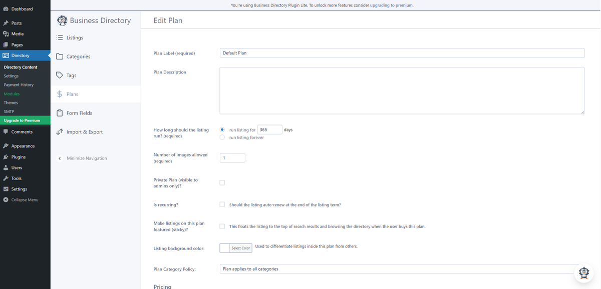 Monetization plan Business Directory plugin