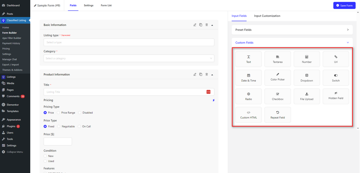 Drag and drop form builder of Classified Listing