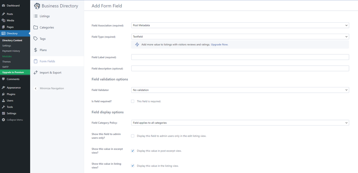 Form field of Business Directory plugin