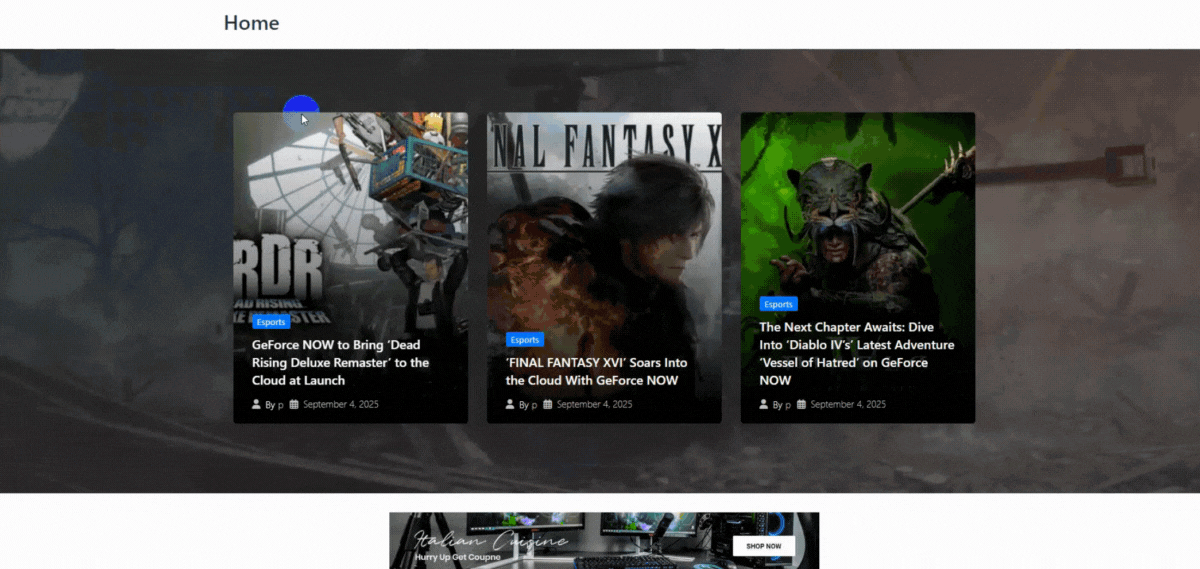 gaming blog front-end view