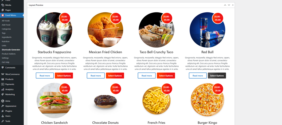 food menu pre-view layout