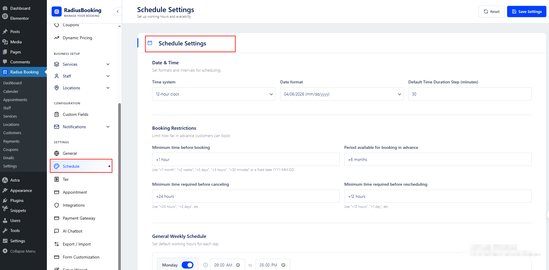 Schedule settings